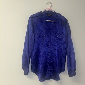VTG Women's Blouse Purple Paisley Full Button Shirt Abstract Jacques Vert 90's
